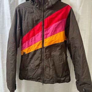 Roxy Brown Ski Jacket with Red, Pink, and Orange Accents